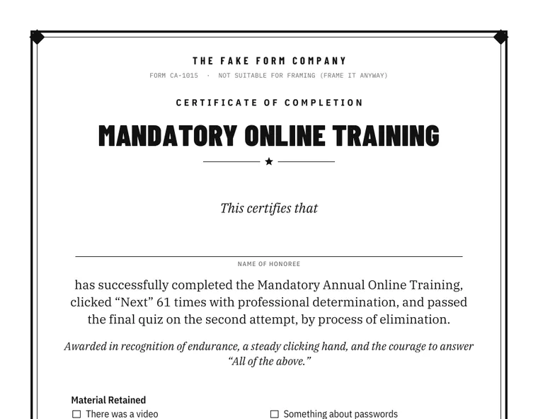 Preview of the Certificate of Completion for Mandatory Online Training
