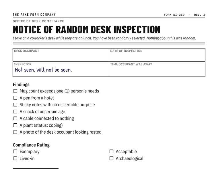Preview of the Notice of Random Desk Inspection form with findings such as a pen from a hotel and a plant, status coping