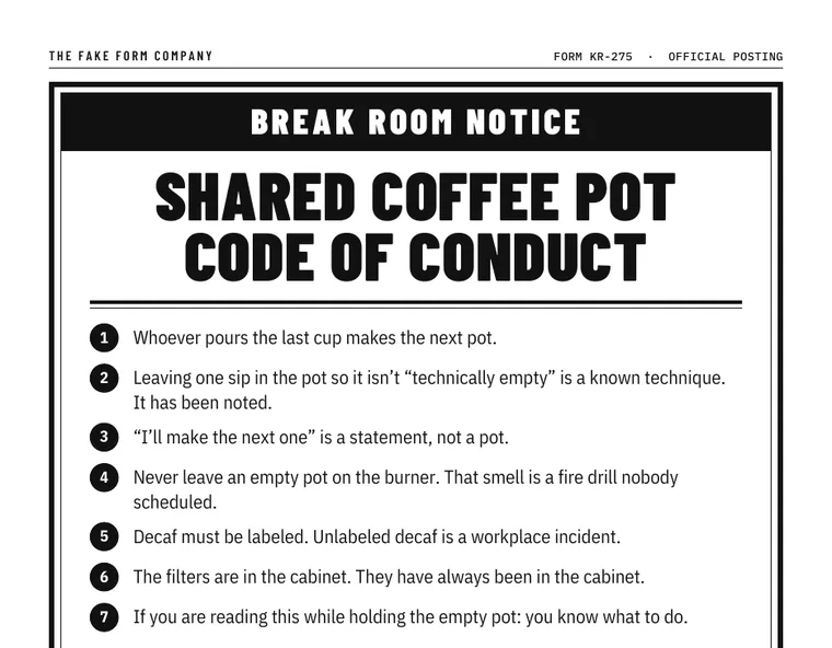 Preview of the Shared Coffee Pot Code of Conduct wall sign with seven numbered rules