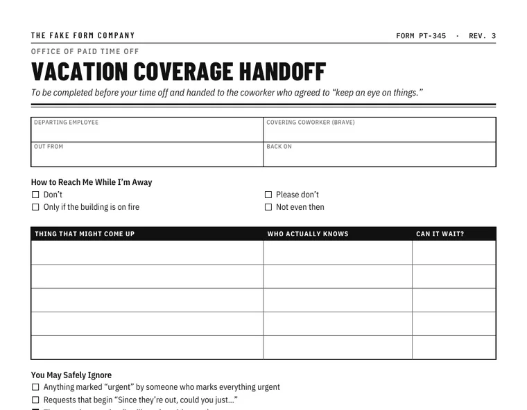 Blurred preview of the Vacation Coverage Handoff form